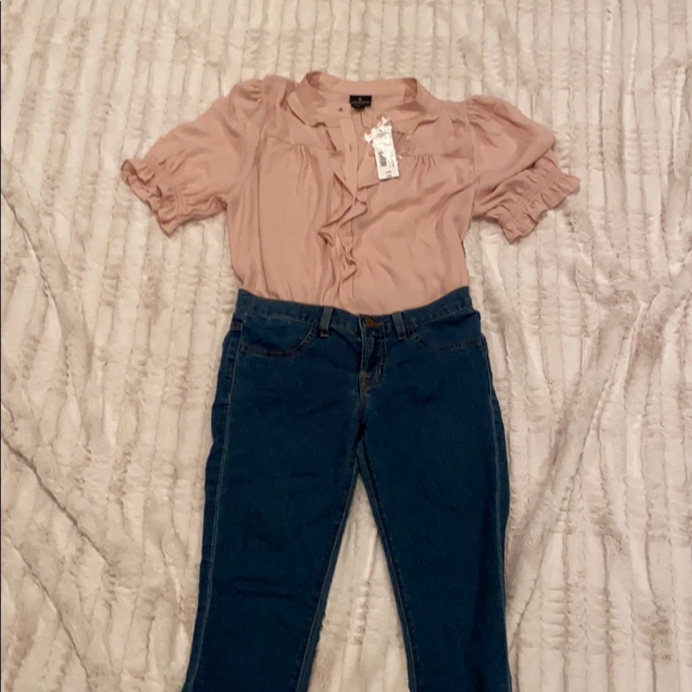 Light pink button down with ruffle detail